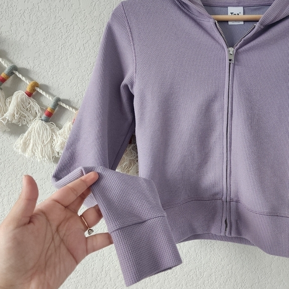 Aritzia TNA Thermal Knit Purple Full Zip Cropped Hooded Sweater Basics Lounge S - Picture 4 of 9